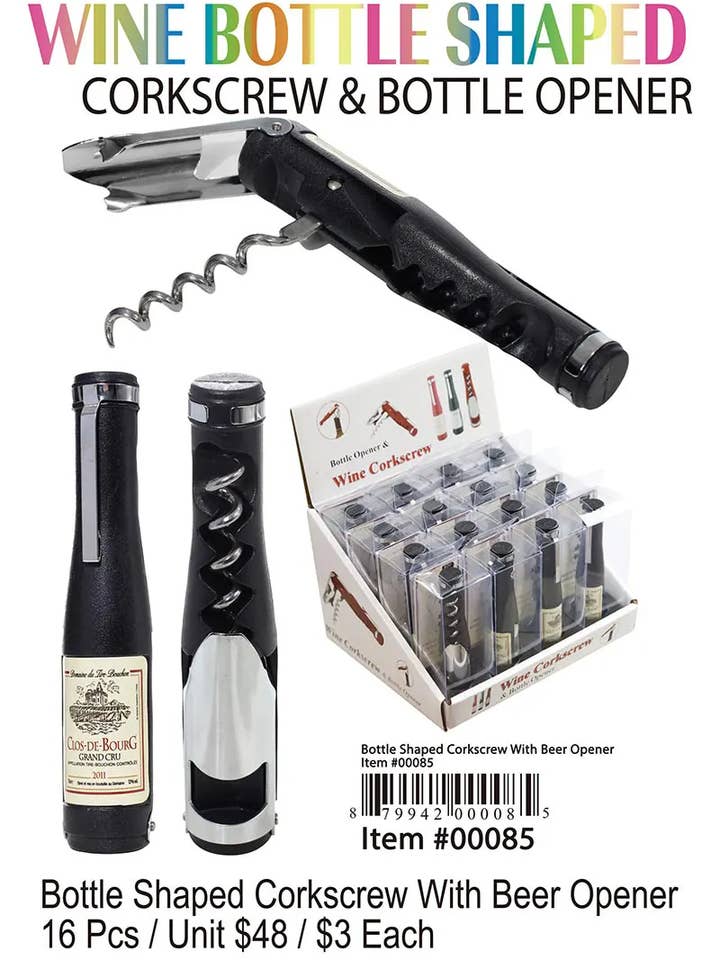 Bottle Shaped Corkscrew With Beer Opener . for wholesale by Puka Creations