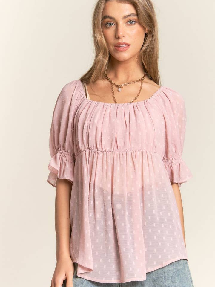 J.NNA - Wholesale Blouse - Women's - Swiss Dot Sinched Baby Doll Top