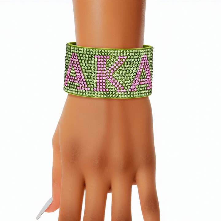 AKA Sorority Green Rhinestone Magnetic Bracelet for wholesale on Faire