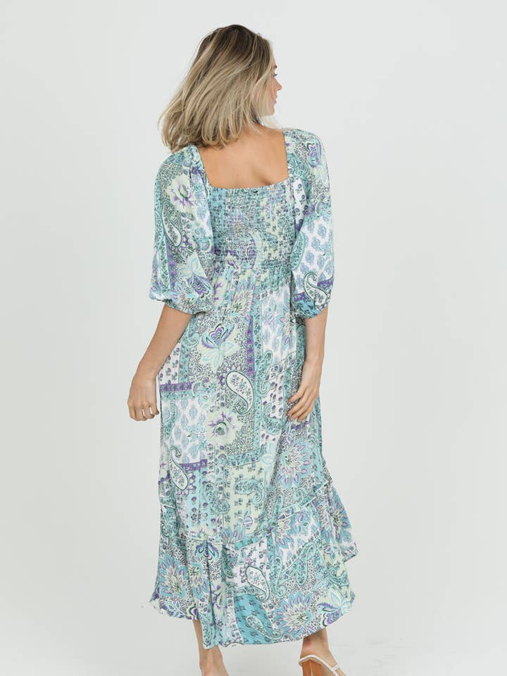ANGIE - Wholesale Dress - Women's - C4B32-W909 SMOCKED BODICE MAXI DRESS WITH SLIT AND POCKETS