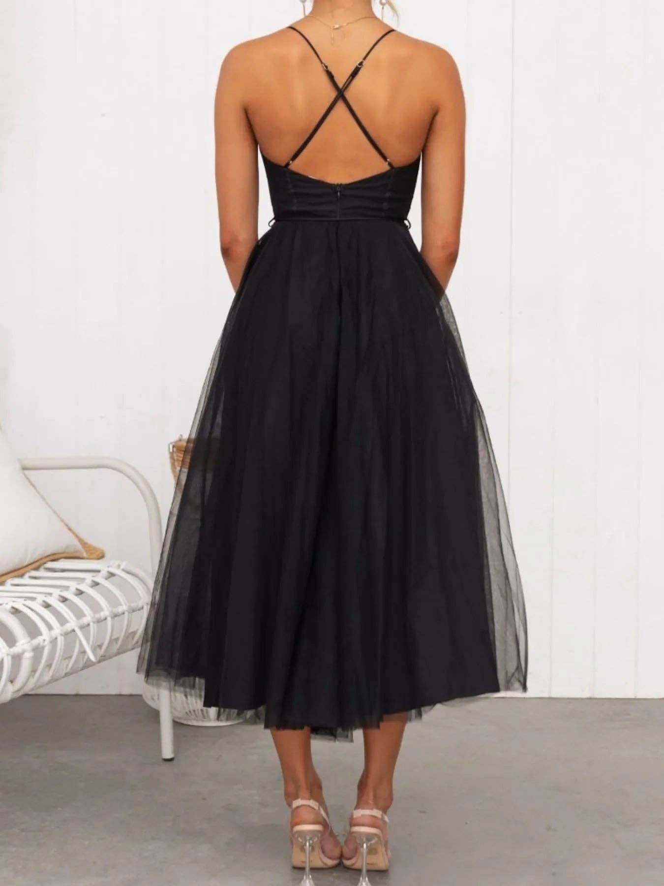 React Activewear - Wholesale Dress - Women's - Sweetheart Neck Tulle Midi Dress8