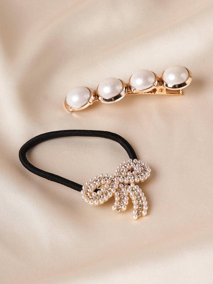 2stk Pearl Bue Tie Pony Hale med Guldperlebarrette for engroshandel hos Tasha Apparel Wholesale