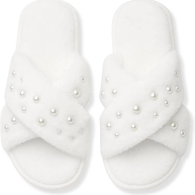 Funky Junque - Wholesale Slippers - Women's - Open-Toe Fuzzy Bridal Slippers - Pearls0