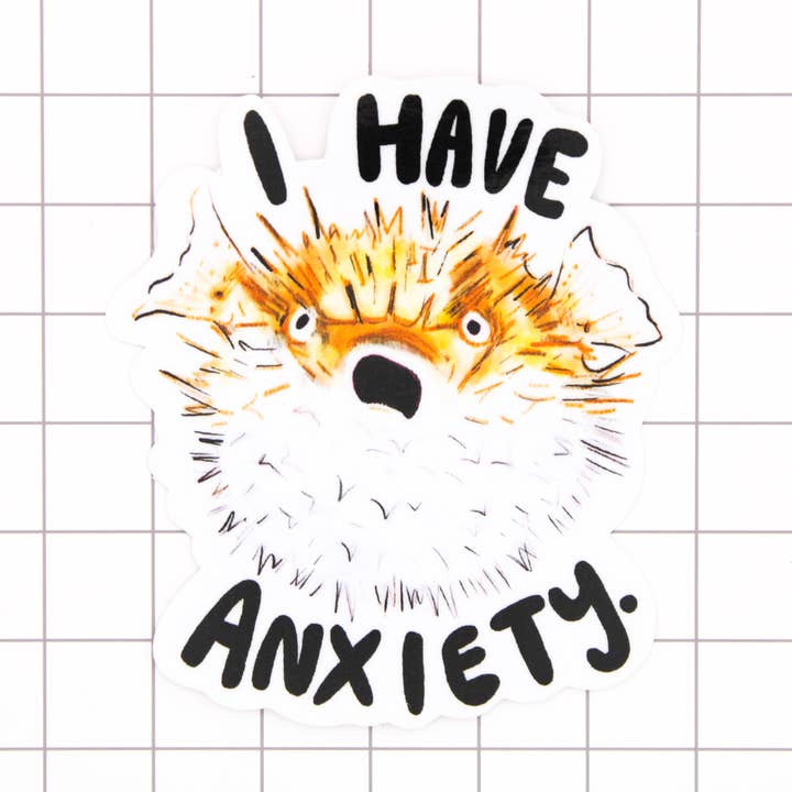 Anxiety Pufferfish Vinyl Sticker for wholesale by Amy Hartelust Art and Illustration
