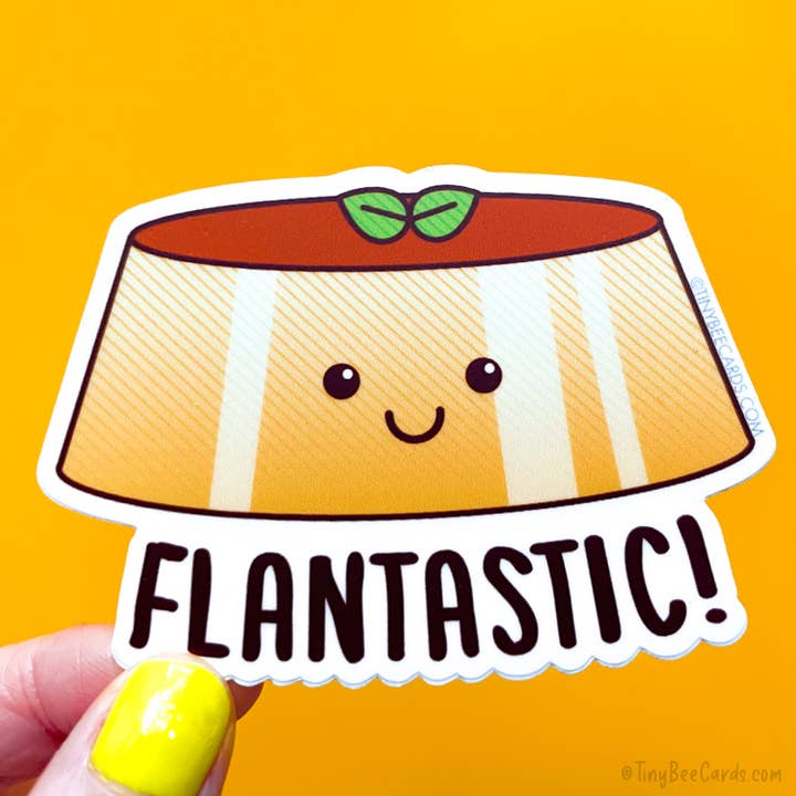 Flantastic Flan Dessert Vinyl Sticker for wholesale by Tiny Bee Cards