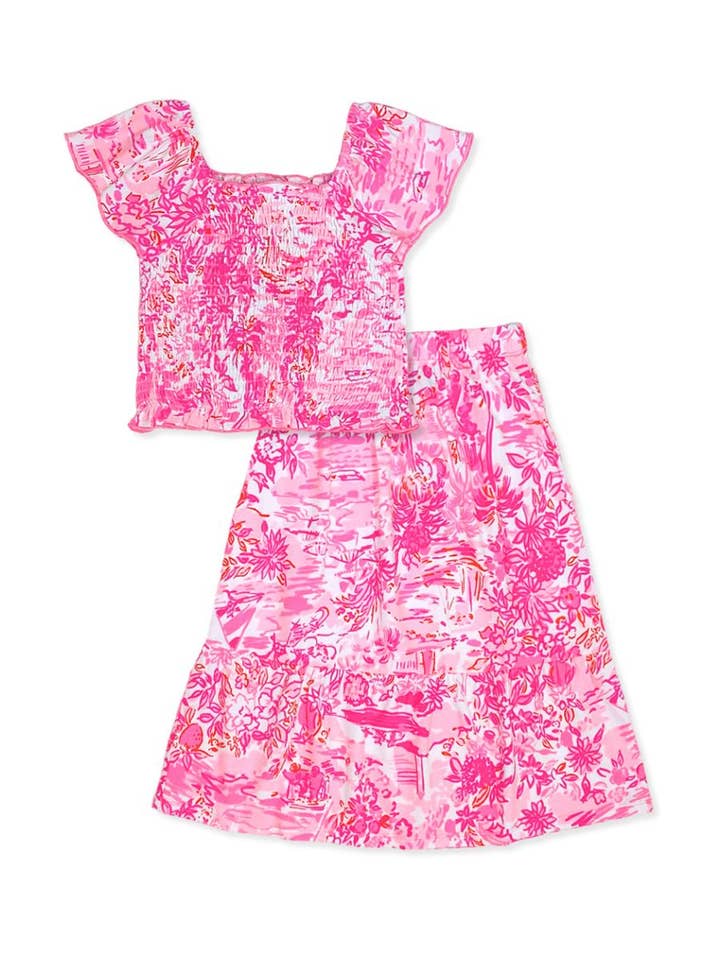 Pink Coral Reef TKSS-3171T-Q74 Toddlers 2 pc Skirt Set w/ Smocking Top for wholesale on Faire