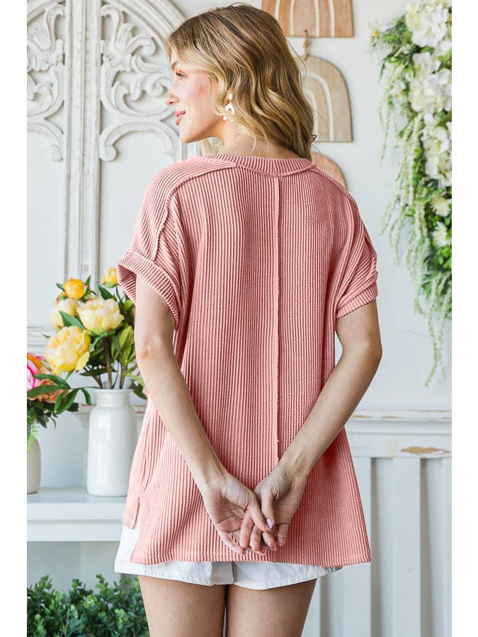 7th Ray - Wholesale Tunic - Women's - Solid Rib Drop Shoulder Side Slit Short Sleeve Top T5160