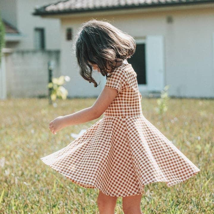 Sienna Gingham Sweetheart Twirl Dress | Organic Cotton Jersey for wholesale on Faire1