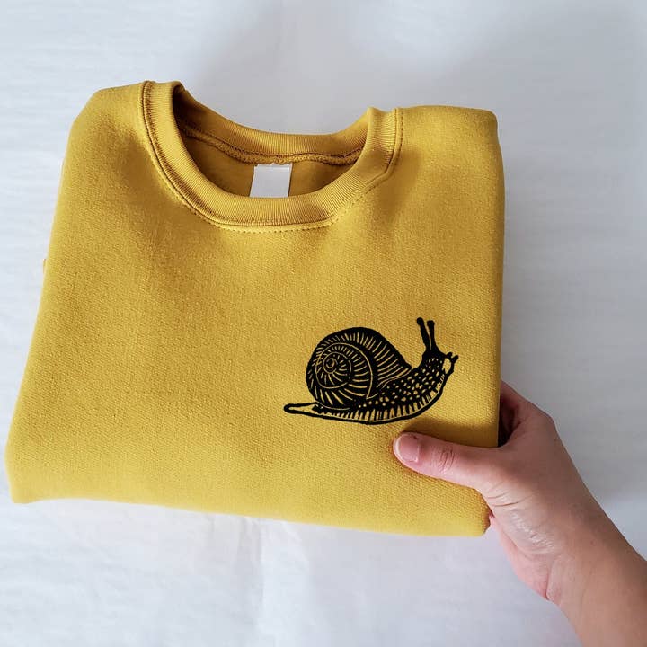 Snail sweatshirt, unisex hand printed crewneck, block printed snail illustration, soft fleece jumper, fall clothing, ethical fashion for wholesale by M.E. Image