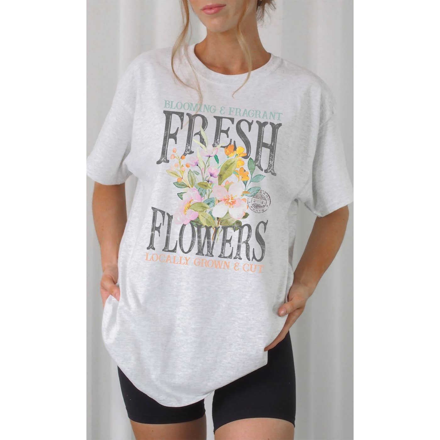 Kissed Apparel - Wholesale Screen Printed T-Shirt - Women's - Vintage Fresh Flowers Oversized Graphic Tee0