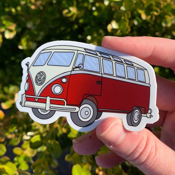 Autocollant vintage bus VW rouge - Volkswagen - Véhicule classique pour la vente par Extremely Retro