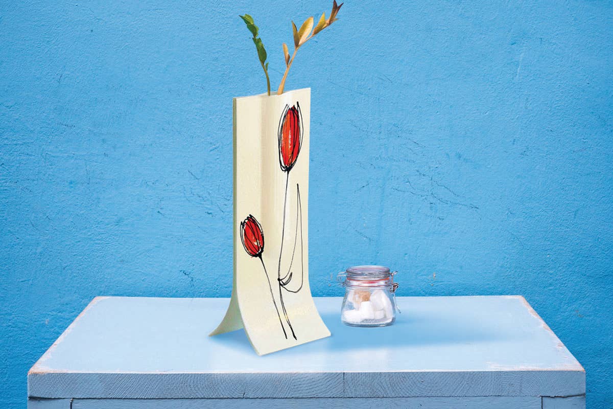 CARNEOL GLASS - Vendita all'ingrosso Vasi - Vaso Bianco 14X36 Cm con Design di Tulipani Rosso-Arancione