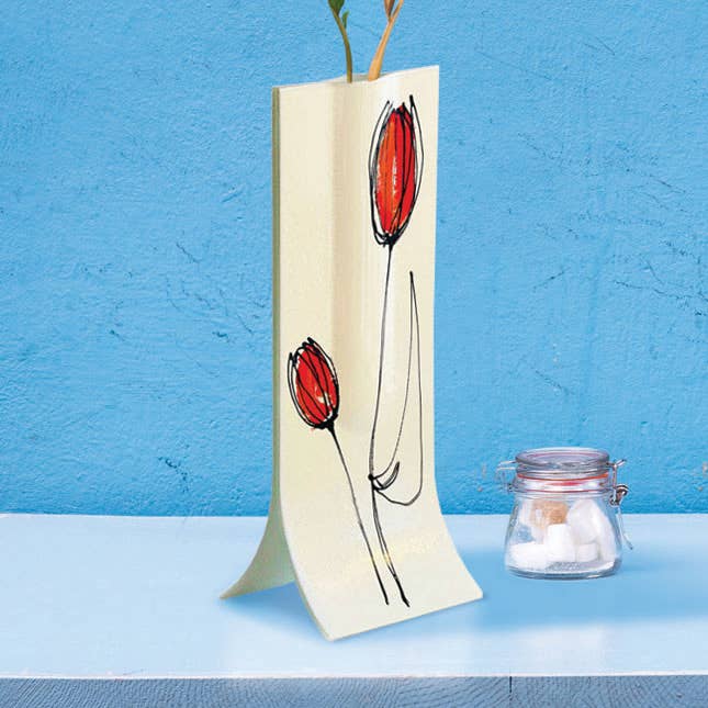 CARNEOL GLASS - Vendita all'ingrosso Vasi - Vaso Bianco 14X36 Cm con Design di Tulipani Rosso-Arancione0