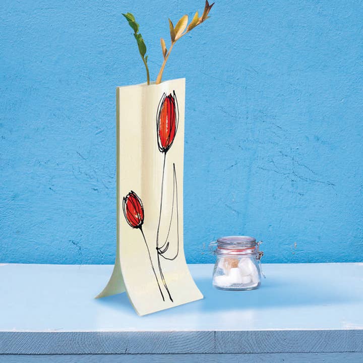 CARNEOL GLASS - Wholesale Vase - 14X36 Cm WhiteVase With Red-Orange Tulip Design