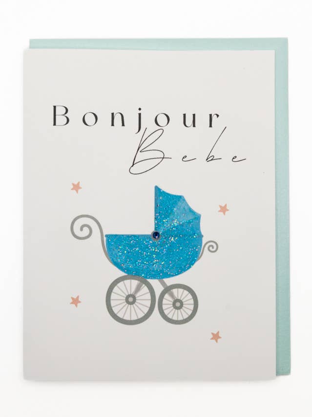 'Bonjour Boy' Baby Carriage Baby Shower Greeting Card for wholesale by Lavender Vines