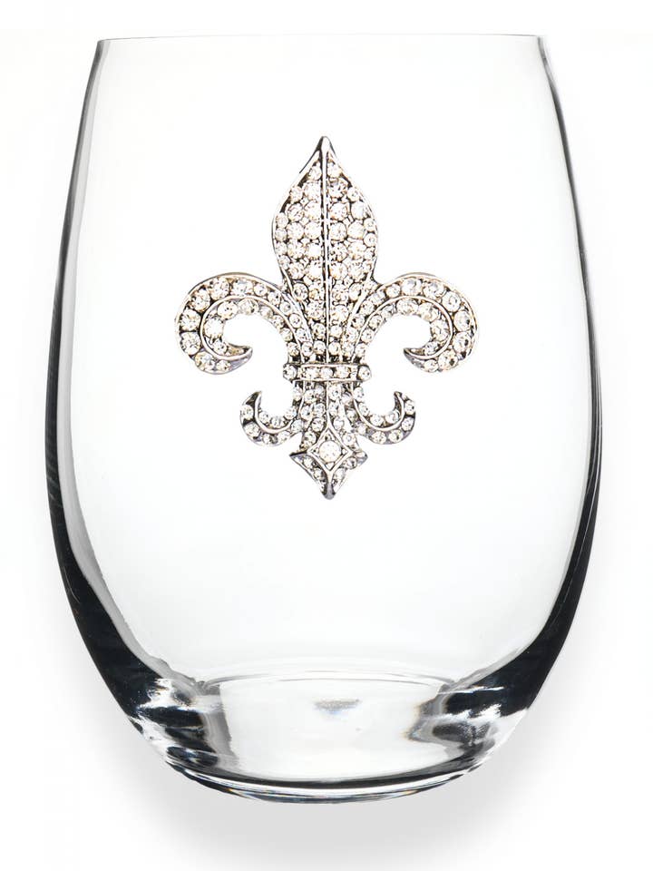 Diamond Fleur de Lis Jeweled Stemless Stemless Wine Glass for wholesale by The Queens' Jewels®
