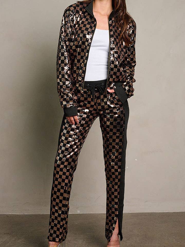 ROUSSEAU - Wholesale Top & Pant Set (NOT Loungewear) - Women's - LONG SLEEVE JACKET ELASTIC WAIST PANTS SEQUINS SET