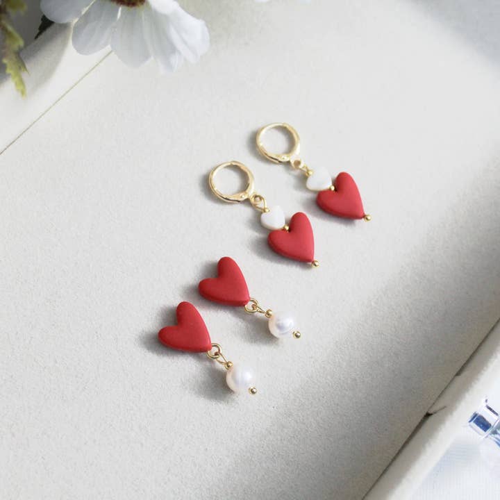 Studio Niani - Wholesale Dangle Earrings - Heart Earrings, Valentine's Day, Cute Earrings, Red, Pearls2
