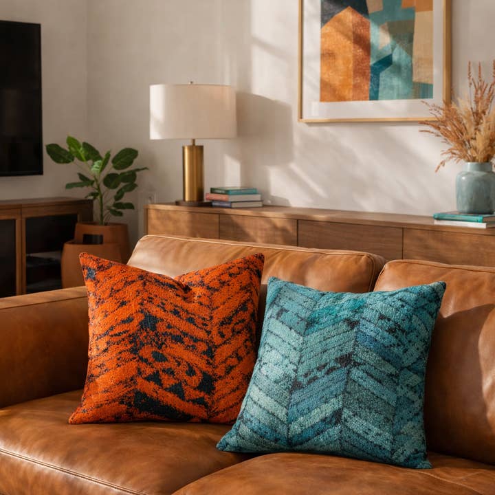 Set of 2 Cowhide Cushion Covers (40x40cm) – Teal + Rust Orange Chevron for wholesale by MLC