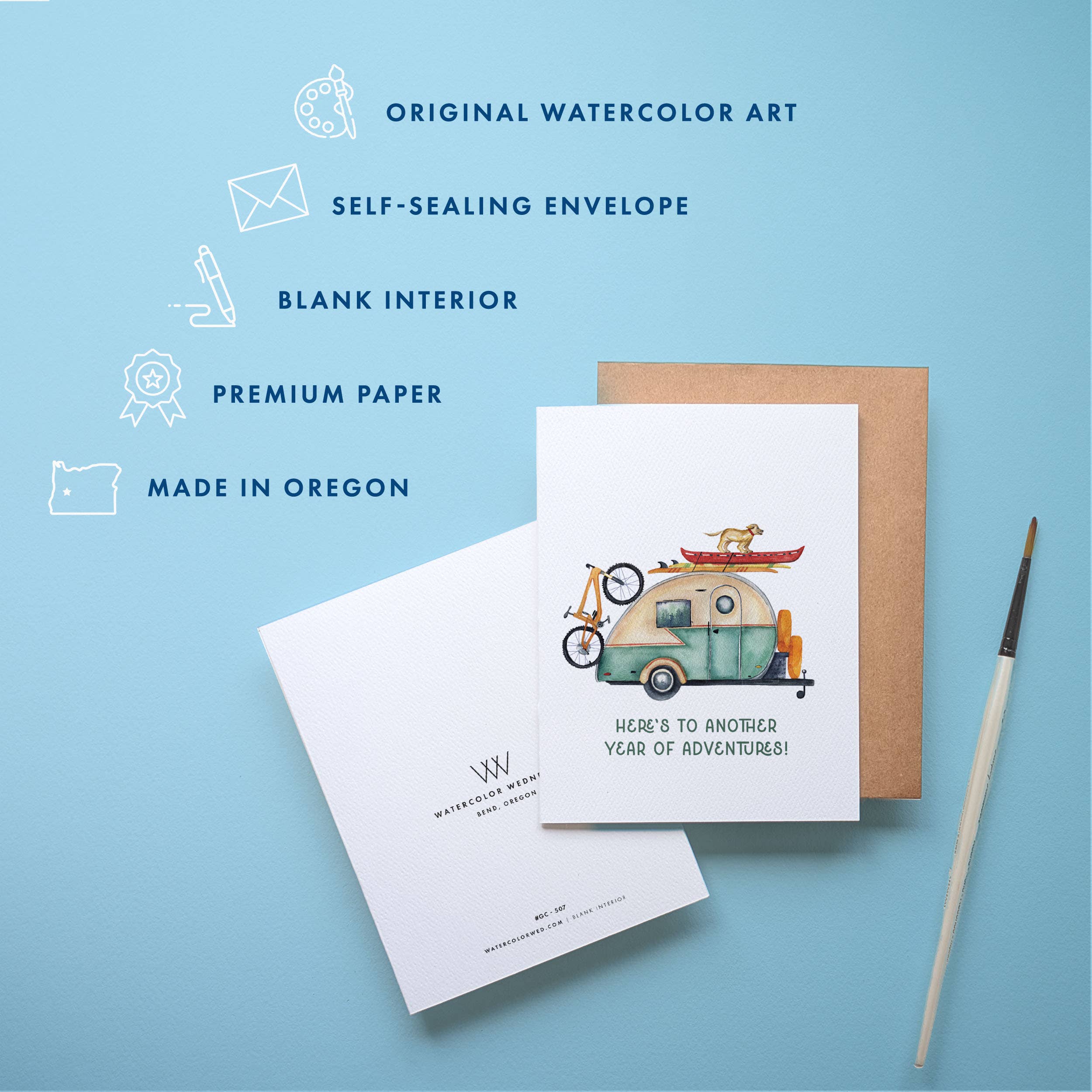 Watercolor Wednesday - Vente Cartes d'anniversaire - Carte d'anniversaire d'aventure | Design rétro de campeur en plein air1