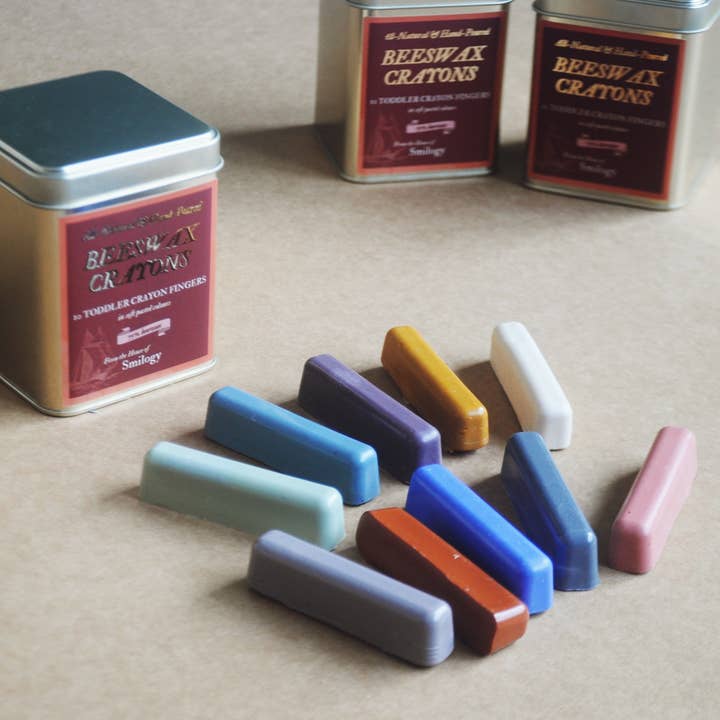 Set of 10 Natural Toddler Beeswax Crayons in a Tin- Finger Crayons in Pastel Shades for wholesale by Smilogy Kids Ltd