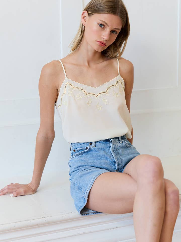 Lace Trim Embroidered Cami Top - RT1200 for wholesale by RAISONNEL