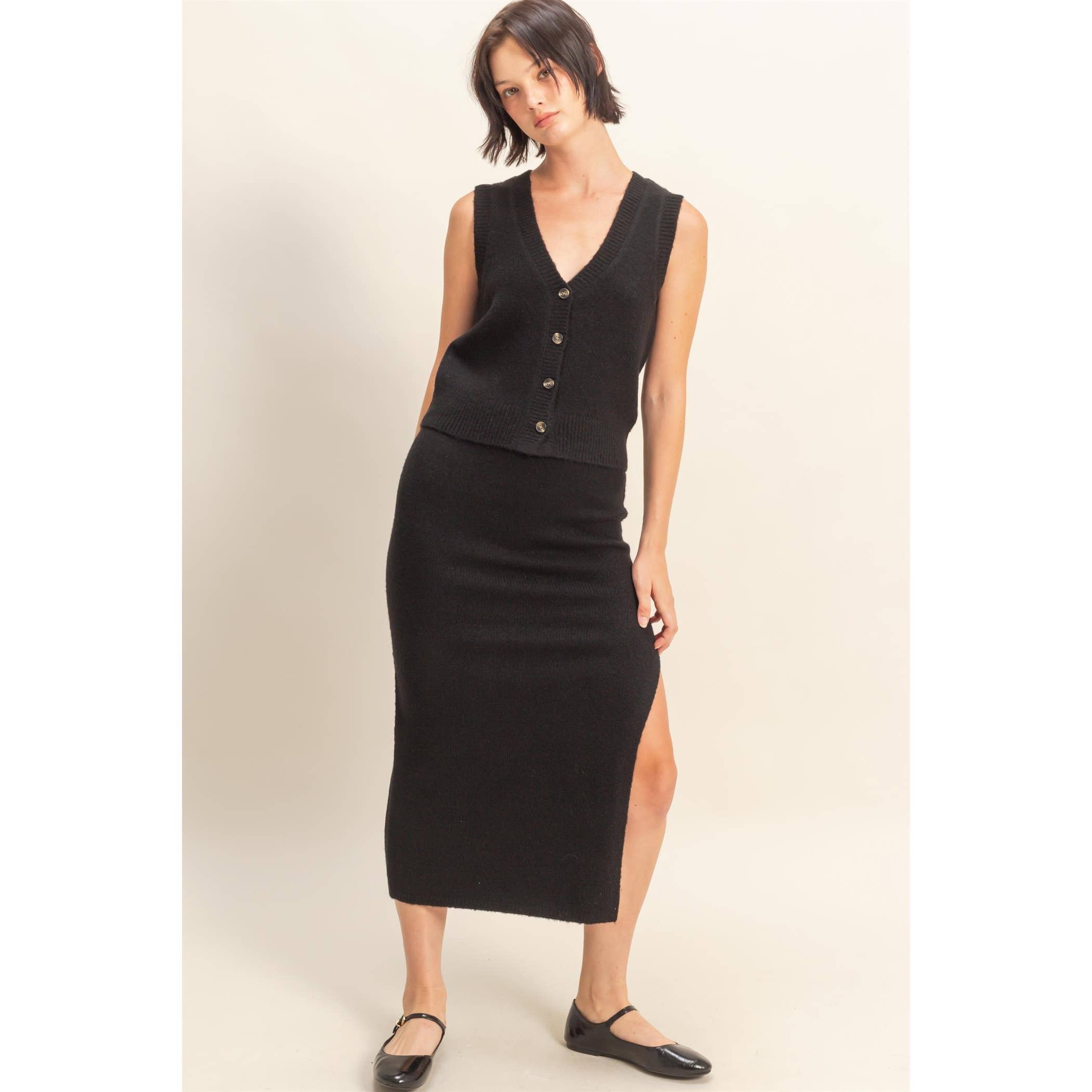 Double Zero - Wholesale Top & Skirt Set - Women's - Button Front Vest & Midi Skirt Knit Set30