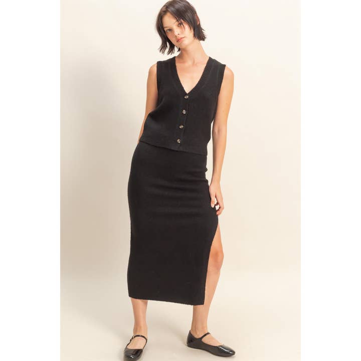 Double Zero - Wholesale Top & Skirt Set - Women's - Button Front Vest & Midi Skirt Knit Set30