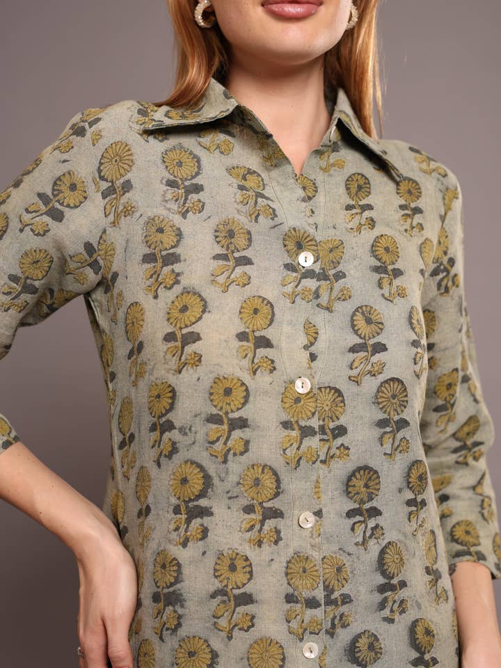 Pista Green Linen Block Printed Knee-Length Dress in Floral Print
for wholesale on Faire2