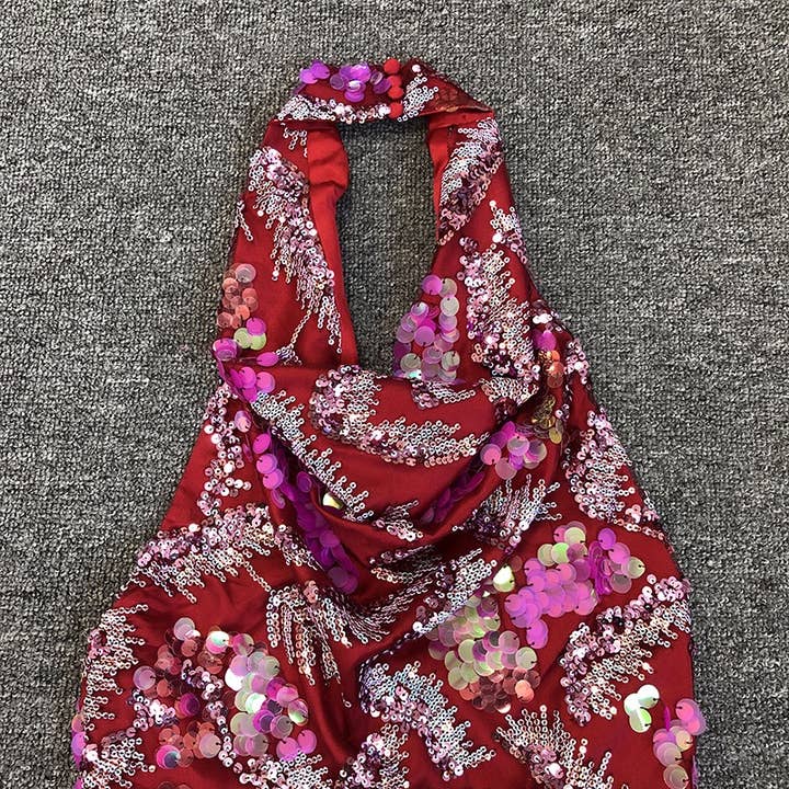 Color as pictures DR546 Vibrant Sequin Floral Embroidered Mesh Halter Dress for wholesale on Faire9