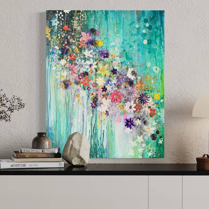 CANVAS PRINT Stars Moon Art, Magical Print, Flowers, Night for wholesale by Manda Marble LLC