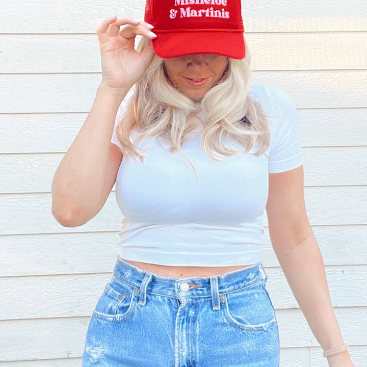 Maddon and Co - Wholesale Trucker Hat - Unisex - Mistletoe & Martinis Foam Trucker Hat - Red & Pink2