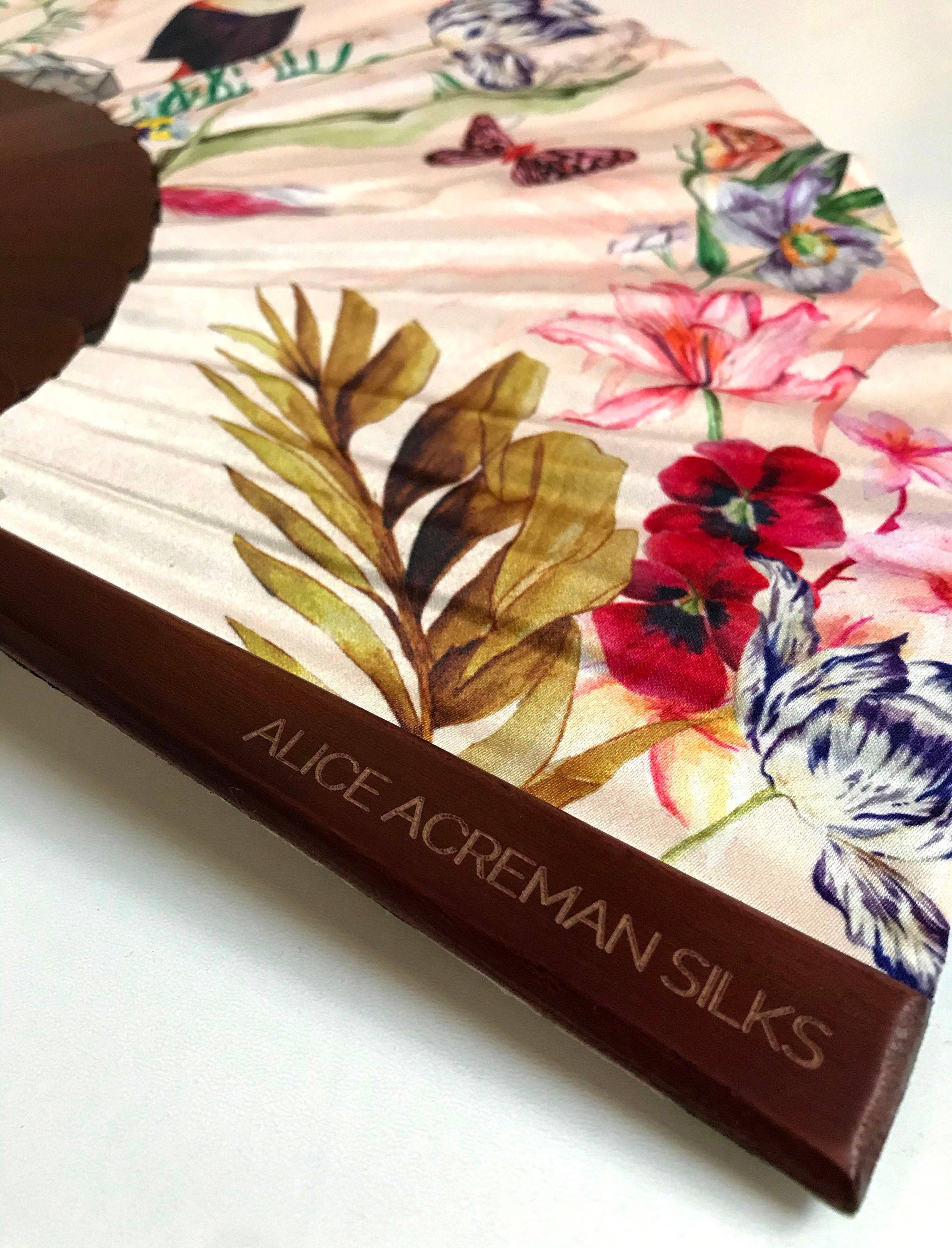 Alice Acreman Silks – wholesale Handheld folding fan – Floral Silk Fan with Toucan design and luxurious Gold tassel5