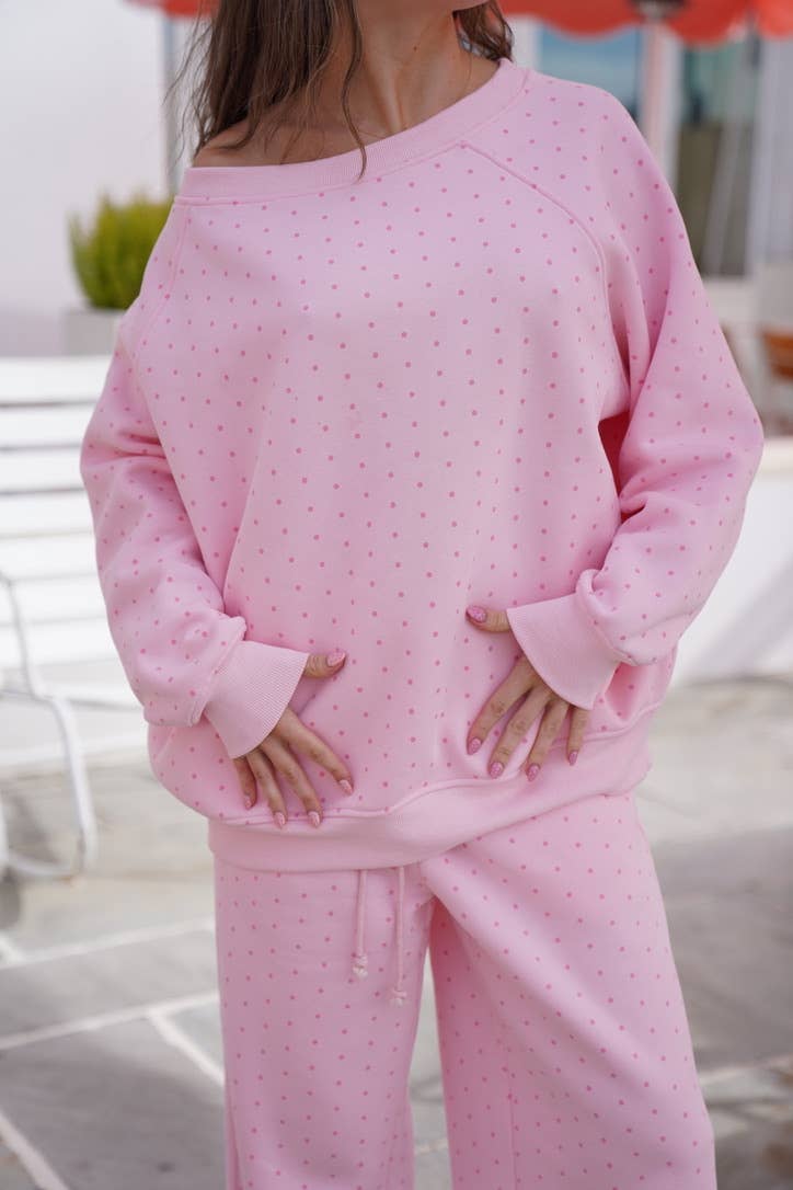 Sunkissed Coconut - Wholesale Sweatshirt - Women's - Light Pink Polka Dot Off The Shoulder Sweatshirt7