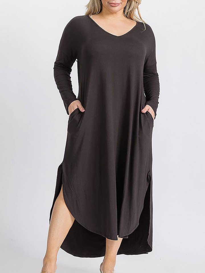 V-UDSKÆRING FORLOMMER HØJ-LAV TUNIKA MAXIKJOLE for engroshandel hos ROUSSEAU