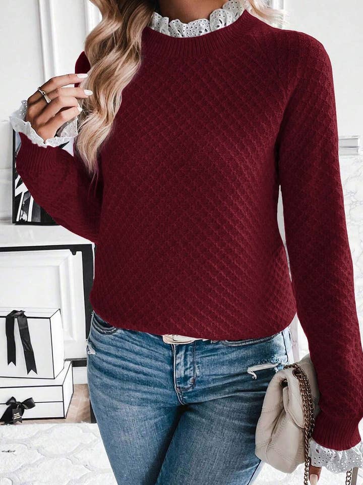 Burgundy Contrast Lace Frilled Trim Raglan Sleeve Sweater for wholesale on Faire3