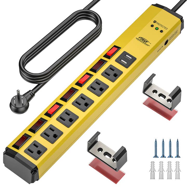 CRST 6 Outlets Individual Switches Mountable Metal Power Strip Surge Protector with Dural USB Ports 6FT Flat Plug Power Cord for wholesale by Rocket Socket Technology