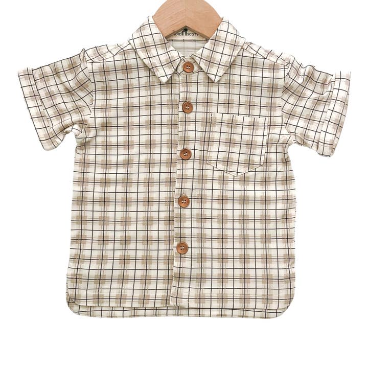 Scotty Button Up | Tartan neutro | Bambù per la vendita all'ingrosso da parte di Sadie Scott