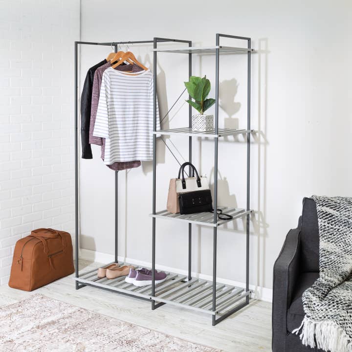 Armoire ouverte autoportante en métal gris avec 4 étagères pour la vente par Honey-Can-Do