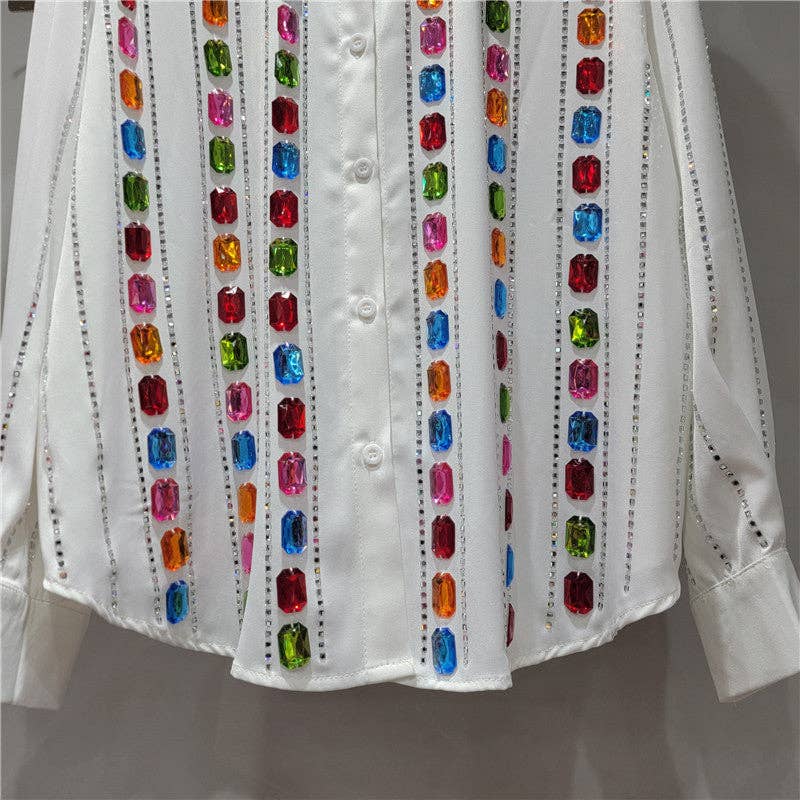 Sanyao Fashion - Wholesale Overhemd met knopen - Dames - M244 Glam Gestreepte Rhinestone Blouse met Handgemaakte Glans6