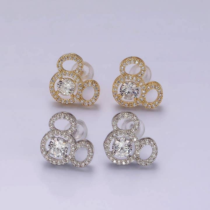 14K Gold Filled Triple Clear CZ Open Round Micro Paved Mouse Stud Earrings in Gold & Silver | V468 V469 for wholesale by Aim Eternal