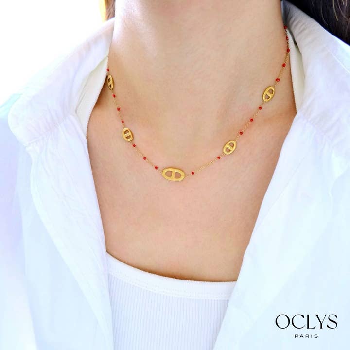Gold-plated stainless steel marine link necklace enameled Xana for wholesale by Oclys