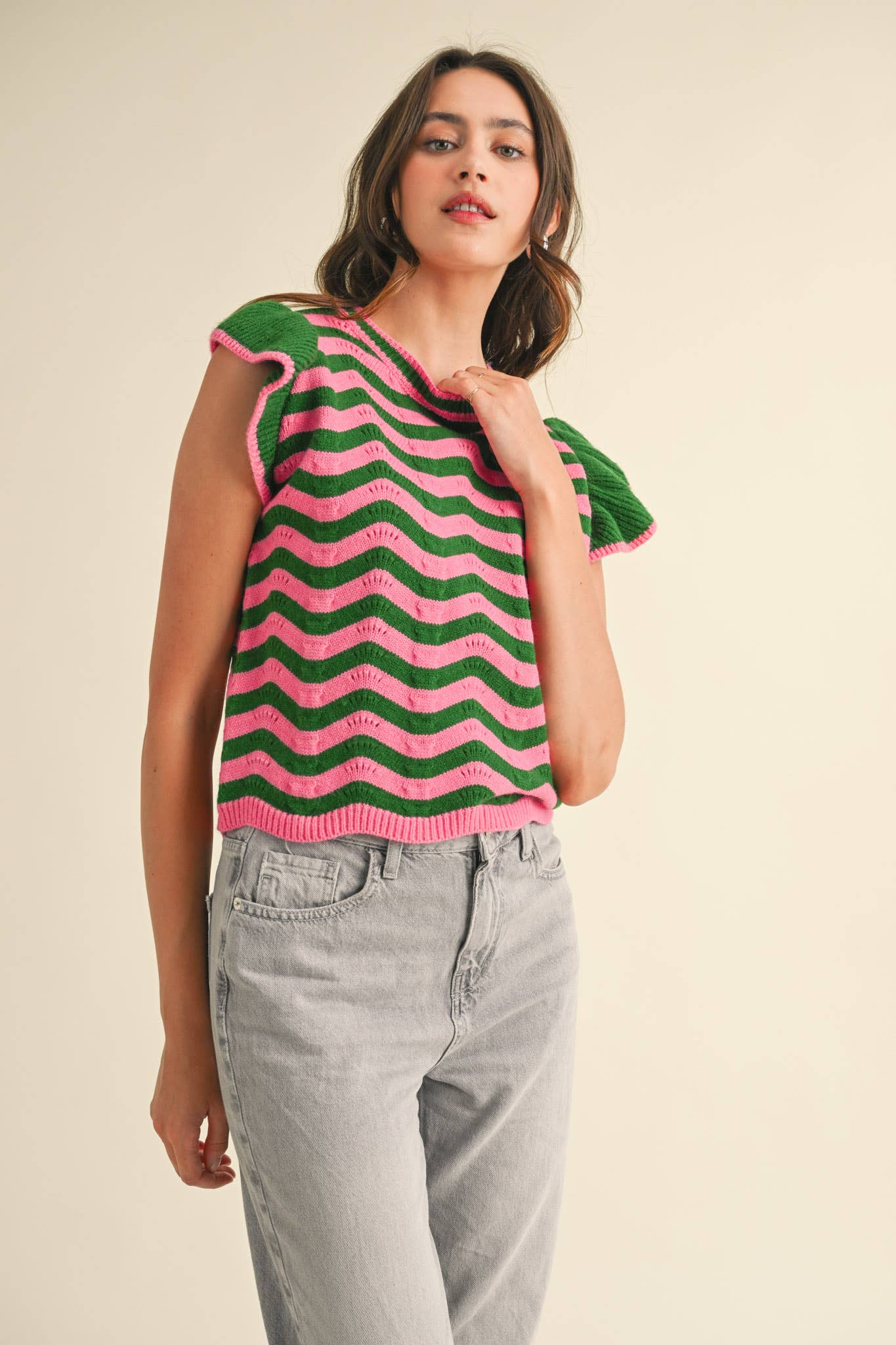 &MERCI - Wholesale Knit Sweater - Women's - WAVY STRIPES FLUTTER SLEEVE SWEATER TOP MSW1050934