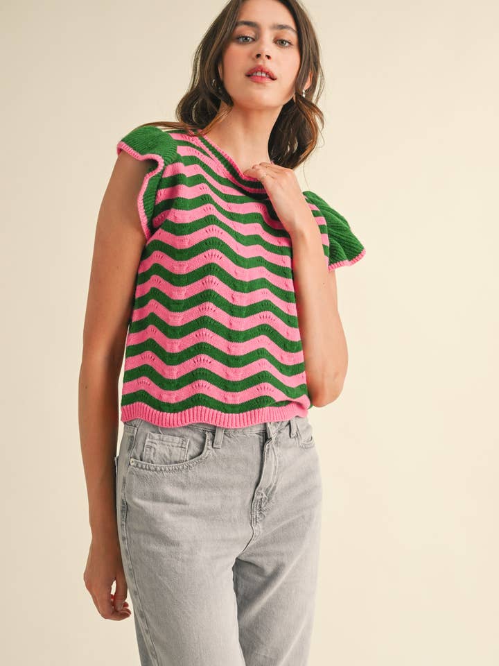 &MERCI - Wholesale Knit Sweater - Women's - WAVY STRIPES FLUTTER SLEEVE SWEATER TOP MSW1050934