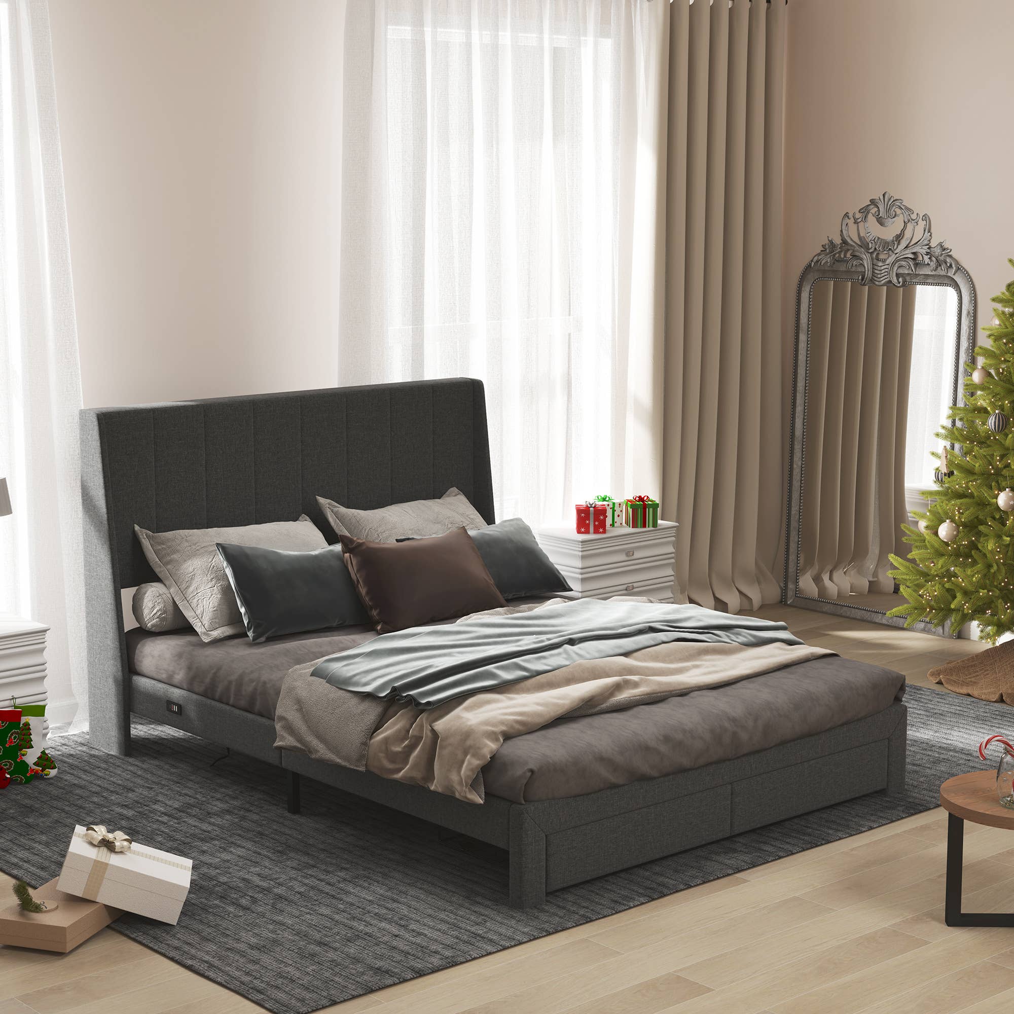 39F Inc. - Wholesale Bed - Queen Size Upholstered Platform Bed Frame w 2 Drawers &USB11