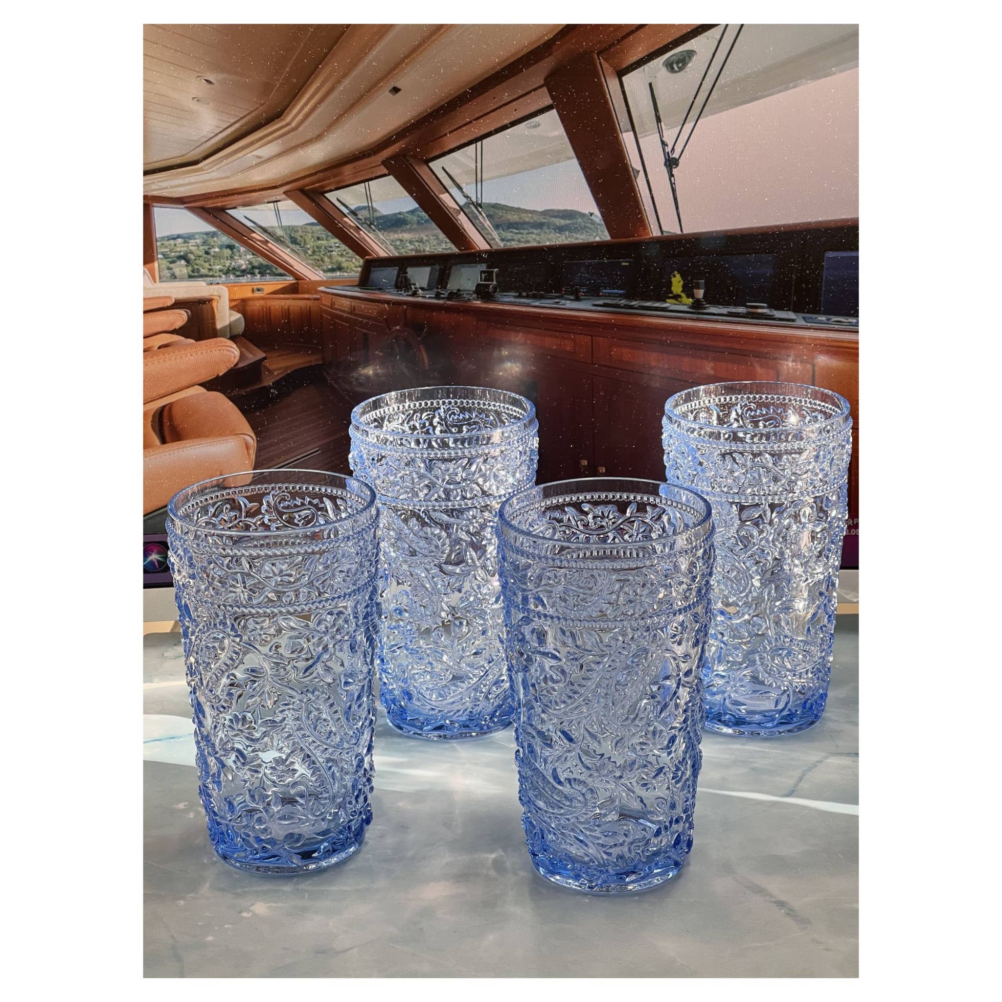 HomeRoots - Wholesale Cocktail/Liquor Glass - Set of Four Blue Paisley Acrylic Stemless Highball Glass2
