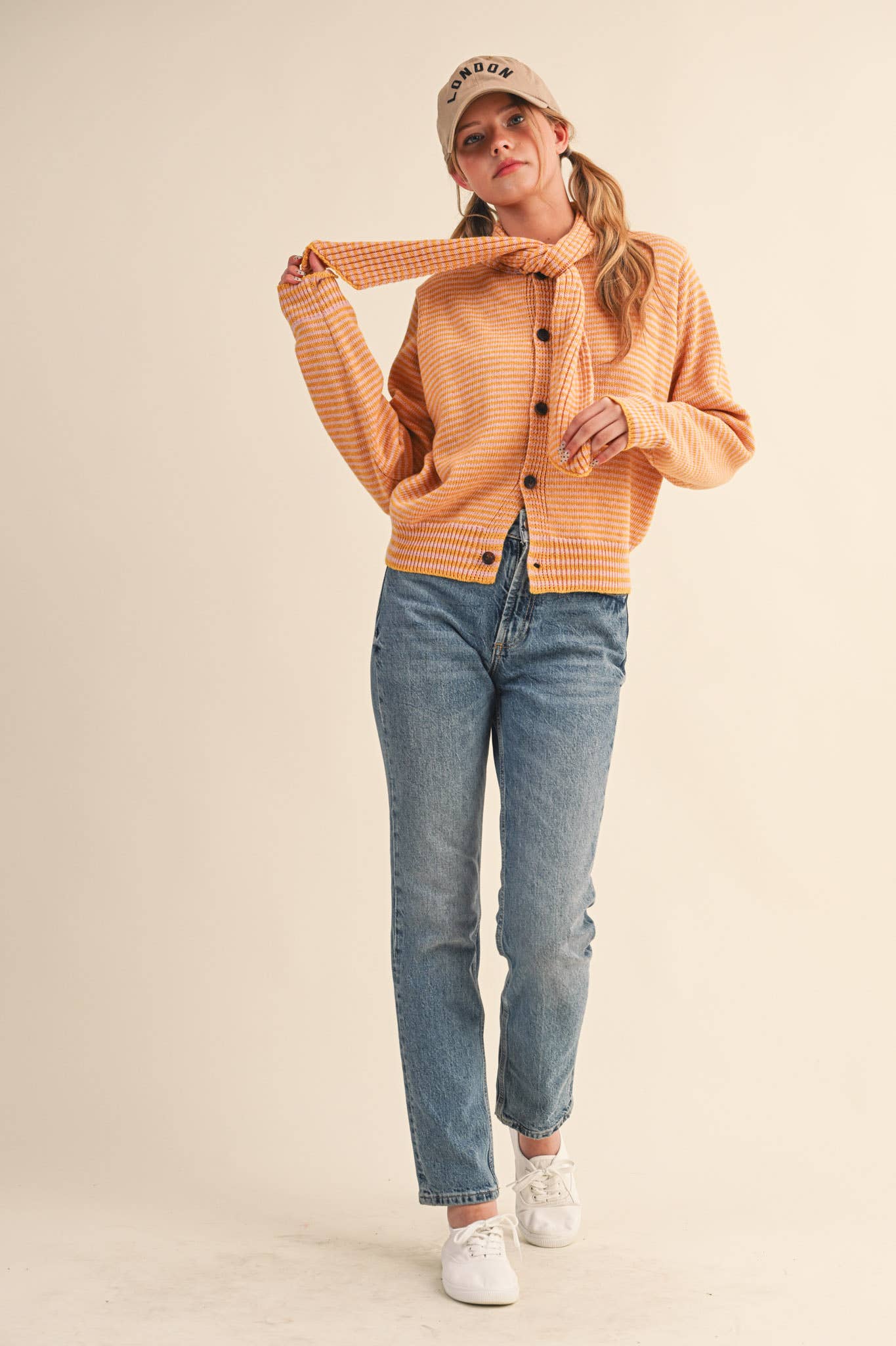 &MERCI - Wholesale Knit Sweater - Women's - STRIPED TYING NECK SWEATER CARDIGAN MSW1112528