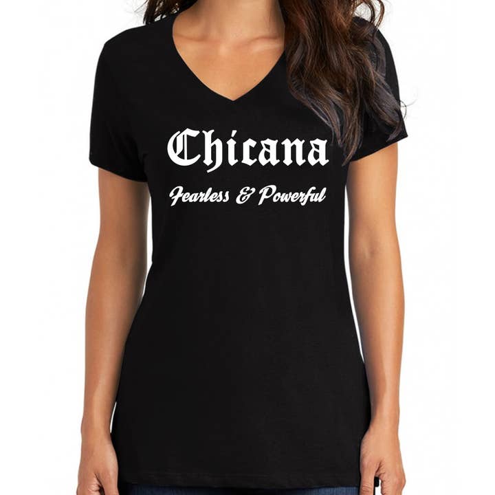 Bronze Baboon - Wholesale Screen Printed T-Shirt - Women's - "Chicana...Powerful" V-Neck T-Shirt