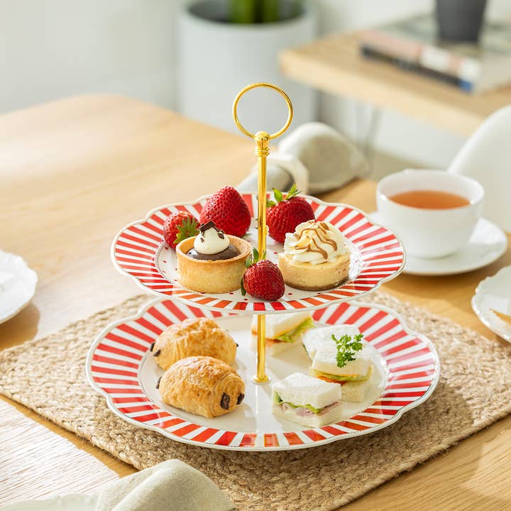 Grace Teaware - Wholesale Serving Tray - Red Josephine Stripes and Dots Fine Porcelain 2-Tier Server