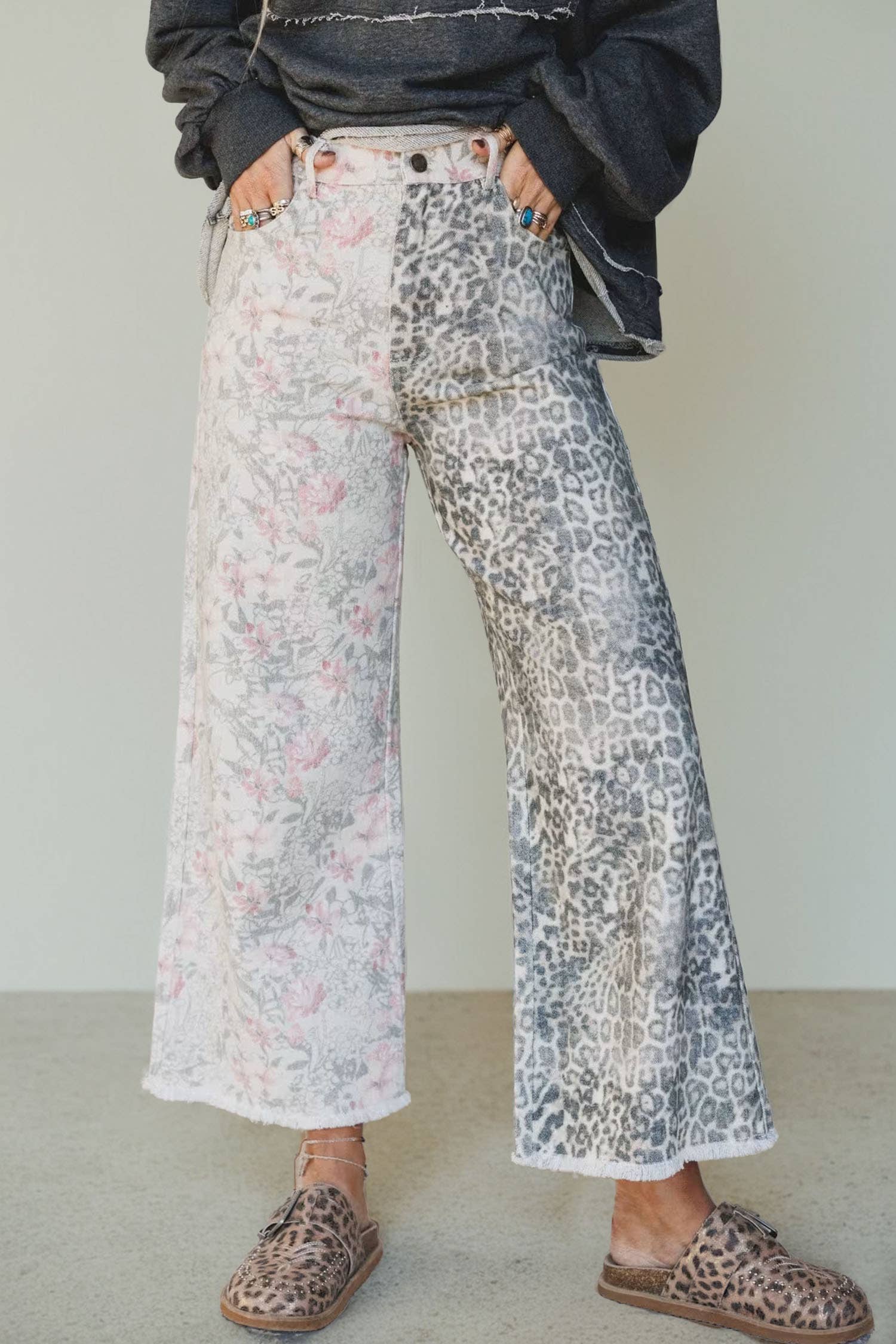 fashionworks - Wholesale Jeans - Women's - Western Leopard Frayed Edge Wide Leg High Waist Jeans*4-1611